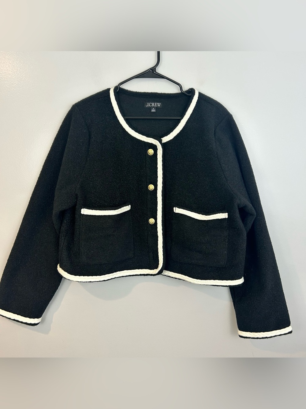 J.Crew Cropped Boucle Yarn Lady Black/White Fleece Boxy Jacket Size Xl - Picture 2 of 14